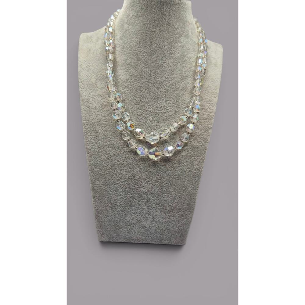 Vintage Double Strand AB Crystal Bead Necklace Graduated Beads 1960s
